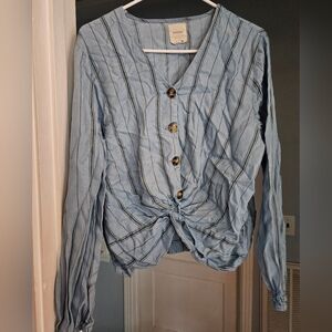 Harper Light Blue Striped Button Twist Front Long Sleeve Top